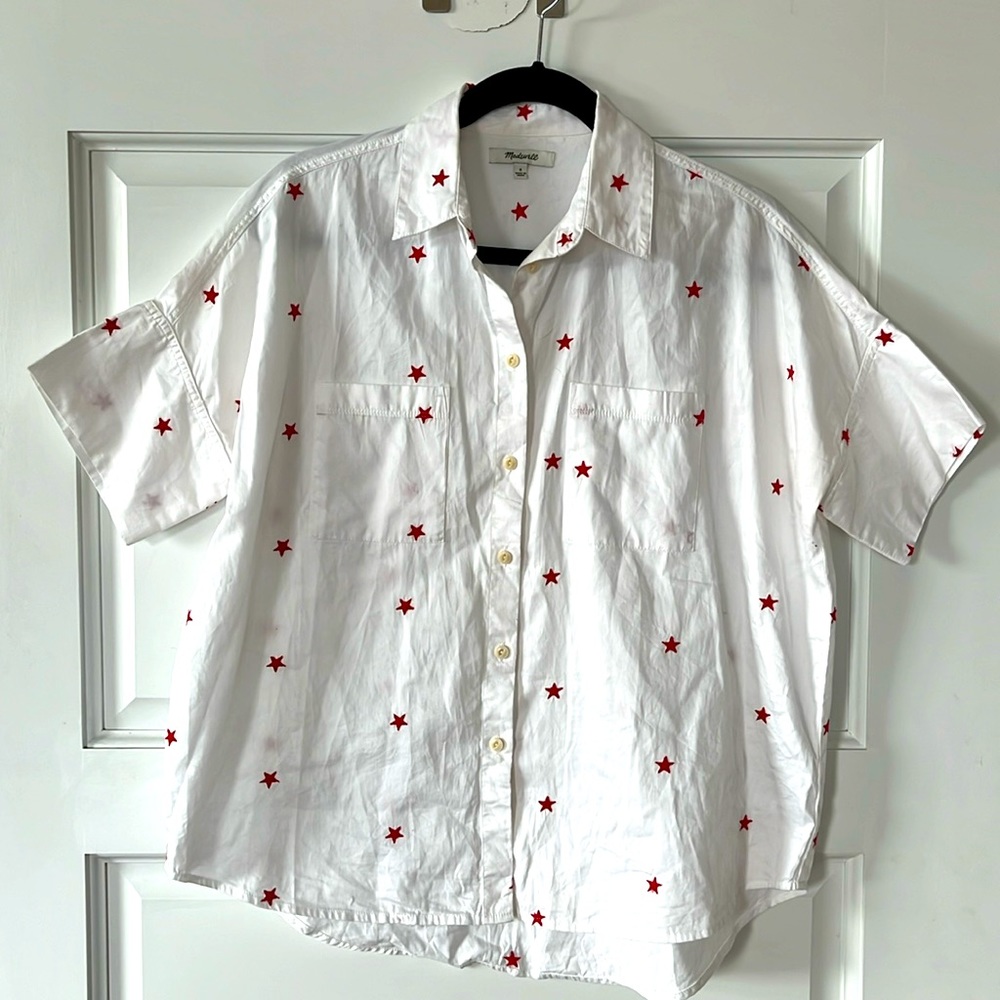 Madewell white w/red stars button up, size small, loose fit